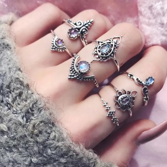 🌺 7PC: CELTIC RINGS PURPLE BLUE MIDI BOHO BOHEMIAN BUNDLE SET LOT INDIA GEM - Picture 5 of 7